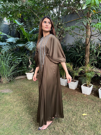 Fiza Satin Draped Sleeves Kaftan-like Floor Length Dress