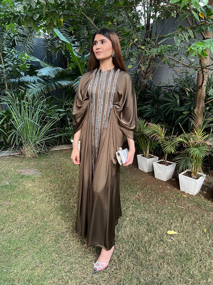 Fiza Satin Draped Sleeves Kaftan-like Floor Length Dress