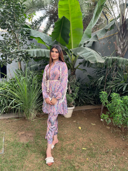 Zarah Vibrant Printed Viscose Crepe Anarkali-like Kurta with Straight fit Pants and Braided Belt - Set of 3