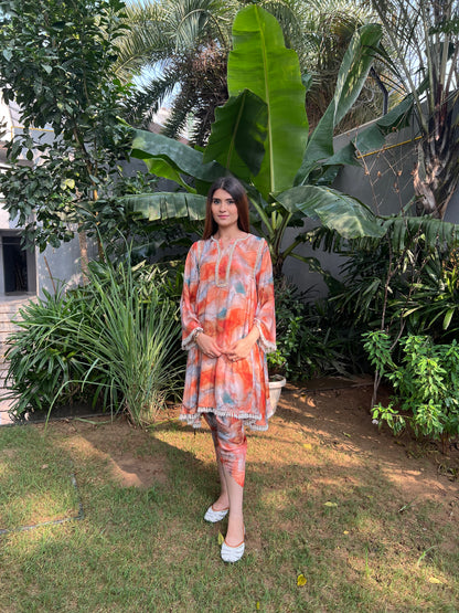 Rehmat Tangerine Marble Printed Flared Kurta with Tulip Pants - Set of 2