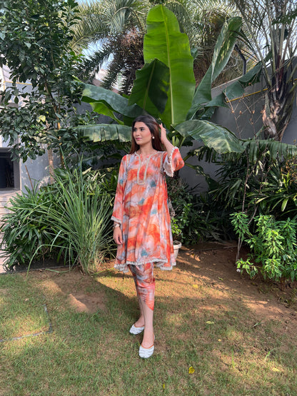Rehmat Tangerine Marble Printed Flared Kurta with Tulip Pants - Set of 2