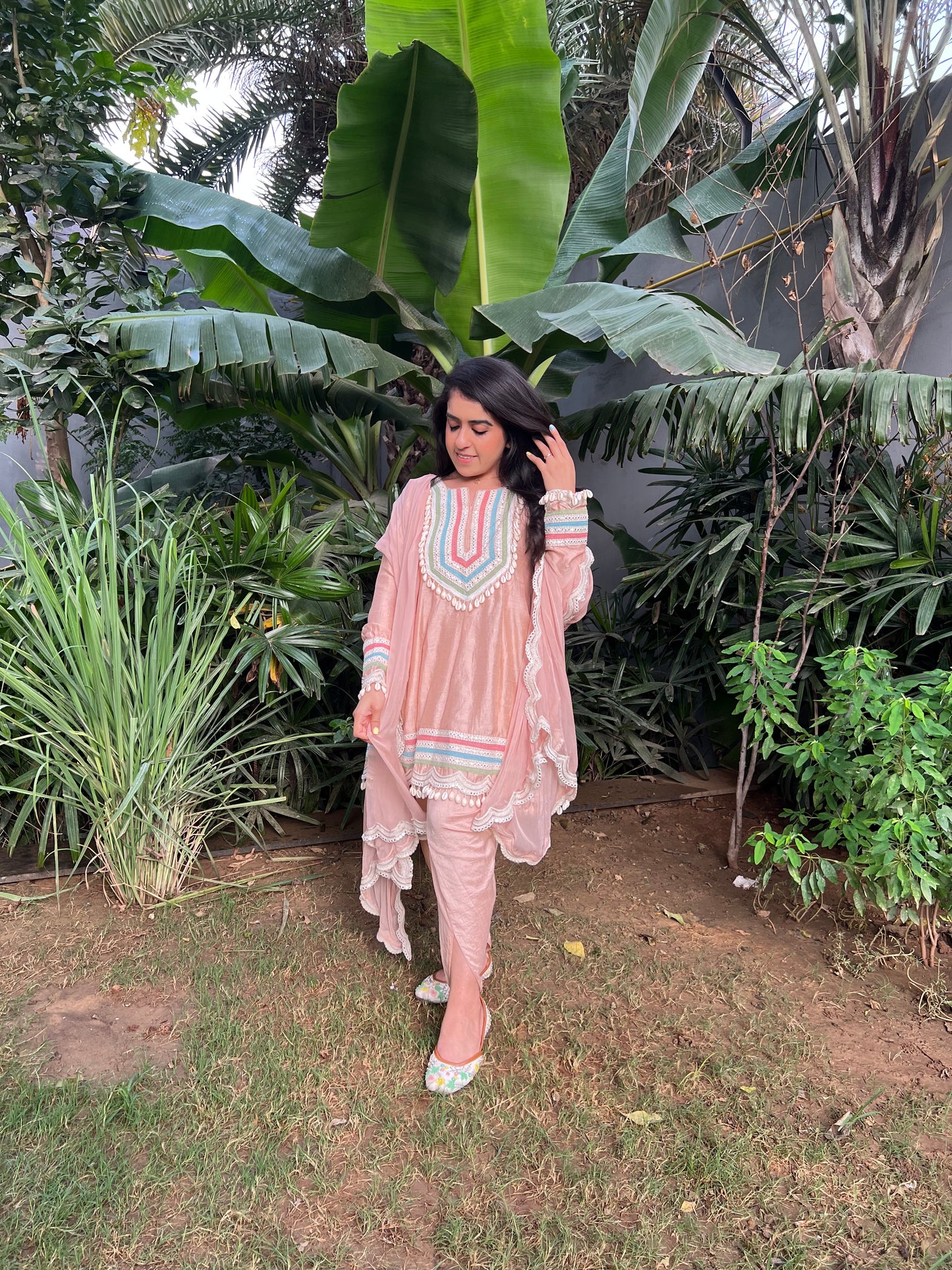 Zeenat Raw Silk Short Anarkali, Tulip Salwar and Organza Dupatta - Set of 3