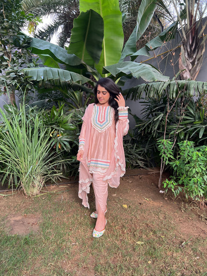 Zeenat Raw Silk Short Anarkali, Tulip Salwar and Organza Dupatta - Set of 3
