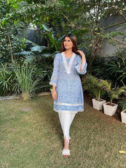 Nadia Blue Abstract Print A-line Kurta with trim Detailing with Double Georgette Tulip Pants - Set of 2