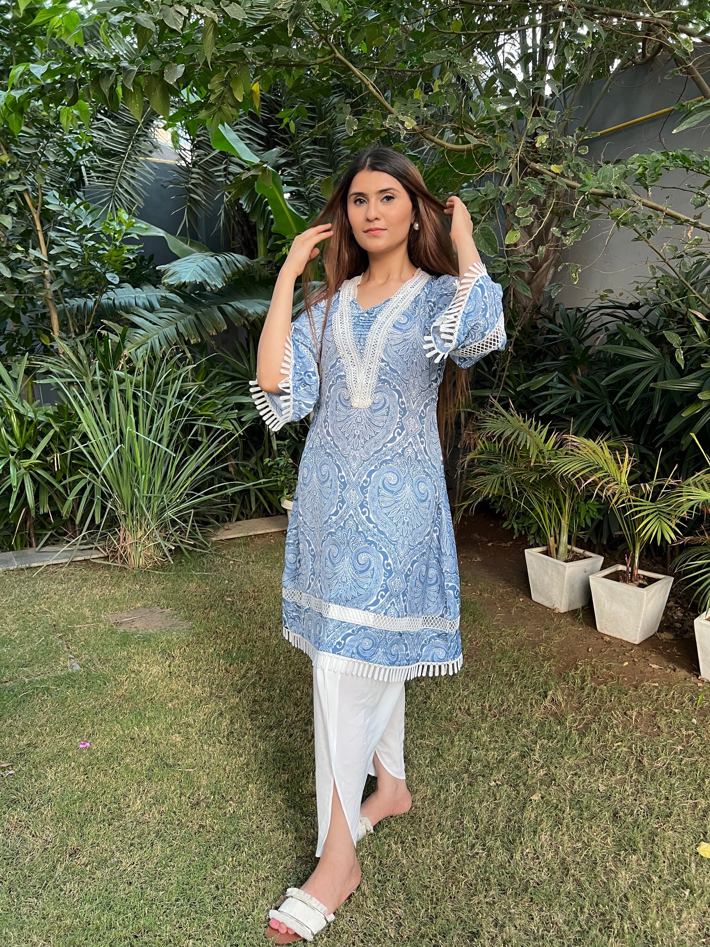 Nadia Blue Abstract Print A-line Kurta with trim Detailing with Double Georgette Tulip Pants - Set of 2