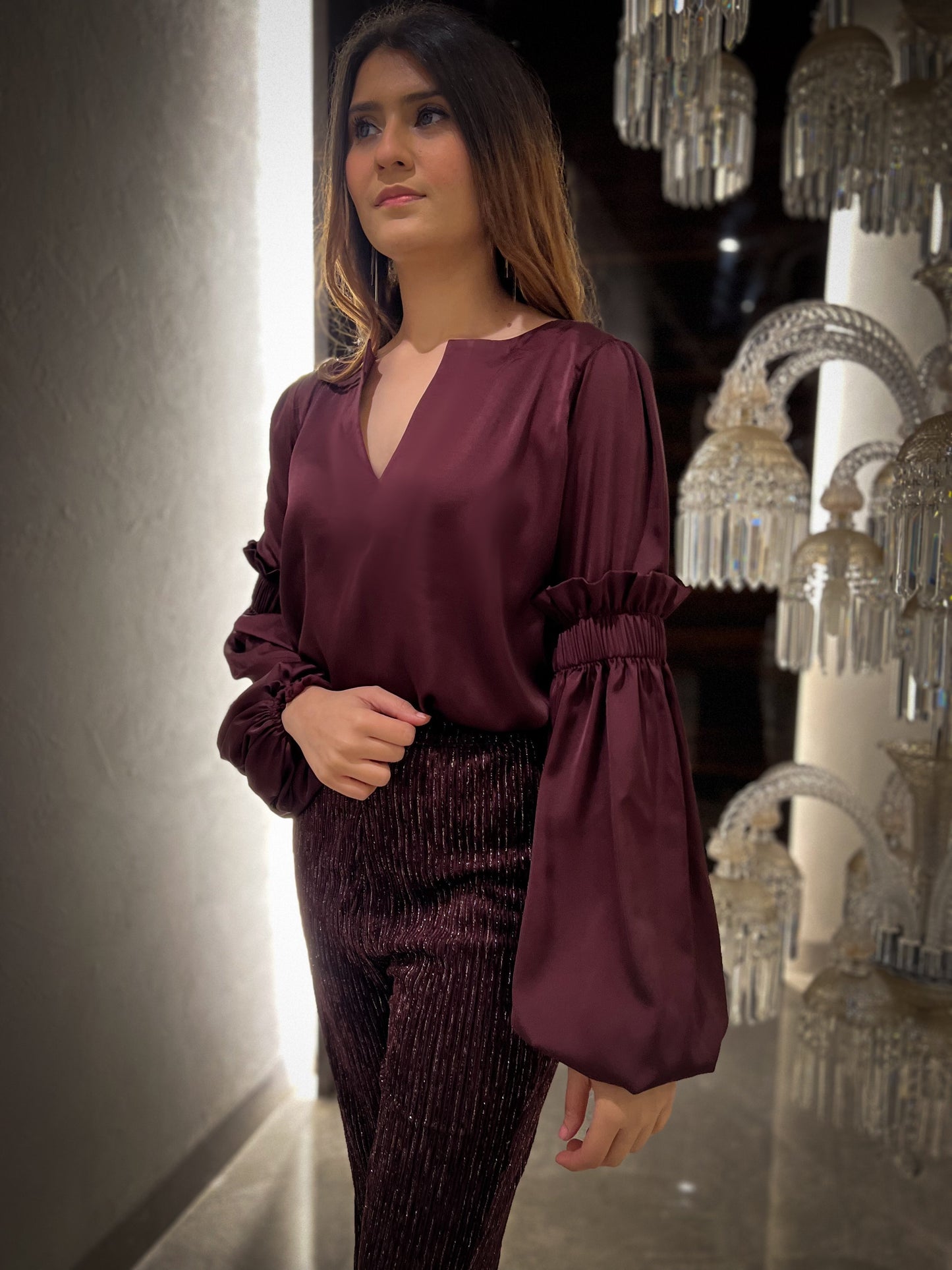 Rosewood Smocked Bishop Sleeve Top with Lurex Velvet Flared Pants - Set of 2
