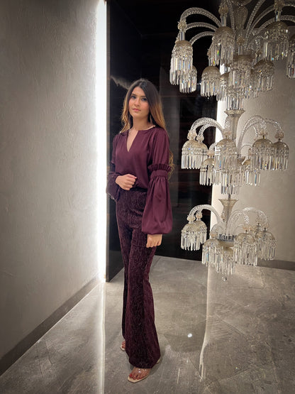 Rosewood Smocked Bishop Sleeve Top with Lurex Velvet Flared Pants - Set of 2