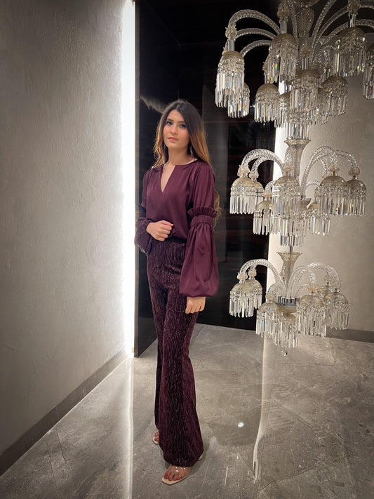 Rosewood Smocked Bishop Sleeve Top with Lurex Velvet Flared Pants - Set of 2