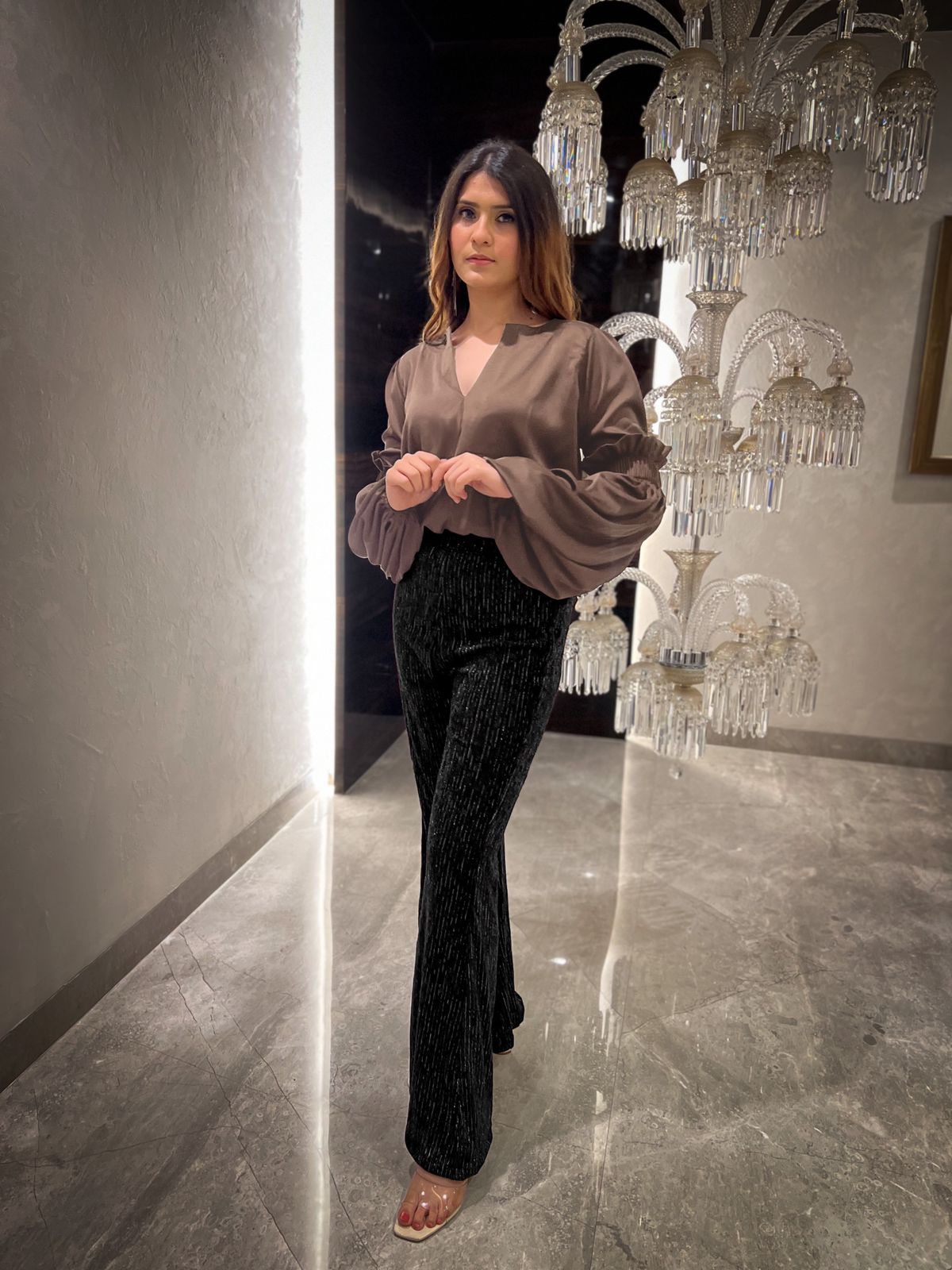 Rosewood Smocked Bishop Sleeve Top with Lurex Velvet Flared Pants - Set of 2