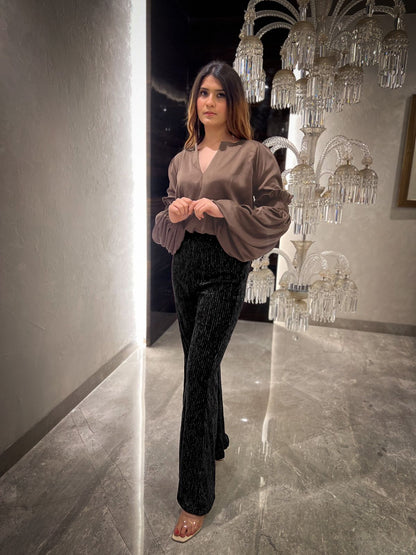 Rosewood Smocked Bishop Sleeve Top with Lurex Velvet Flared Pants - Set of 2