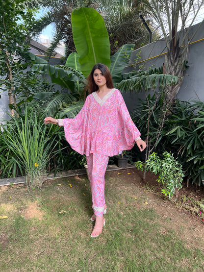 Bahaar Pink Paisley Print Poncho style top with Embroidered pearl neckline and straight fit pants - Set of 2