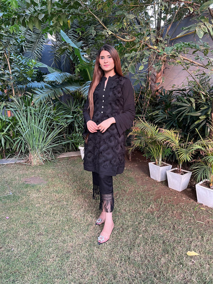Firdos Textured Fabric Kurta with Georgette hand pleated sleeves and Rayon Straight fit Pants - Set of 2