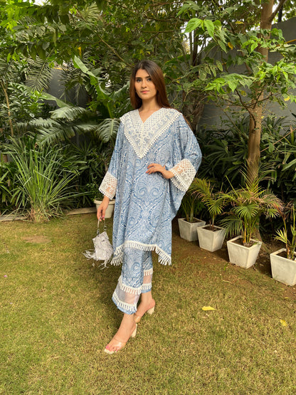 Maira Kaftan Shirt in Printed Viscose Crepe with Organza detailed Palazzo Pants - Set of 2