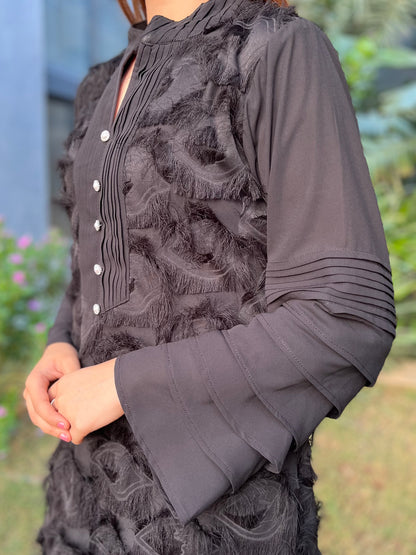 Firdos Textured Fabric Kurta with Georgette hand pleated sleeves and Rayon Straight fit Pants - Set of 2